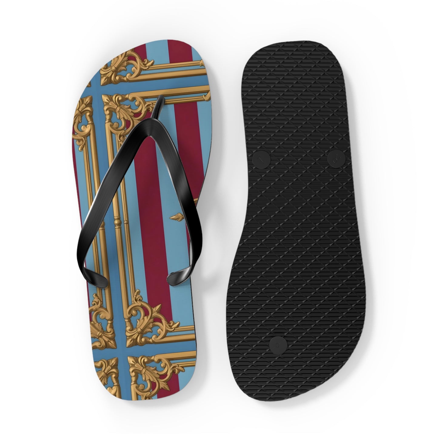 Ornate Design Flip Flops, Elegant Summer Sandals, Beach Vacation Footwear, Perfect for Weddings - Sky Blue & Maroon Striped Baroque