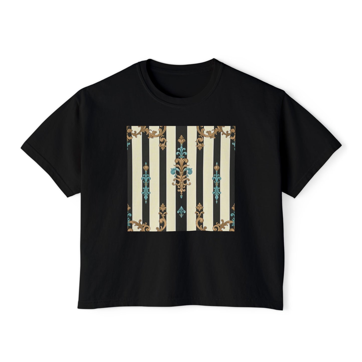 Women's Boxy Tee with Vintage Floral Design, Casual Tee, Summer Top, Gift for Her, Trendy T-Shirt - Black Striped Turquoise & Black Rococo