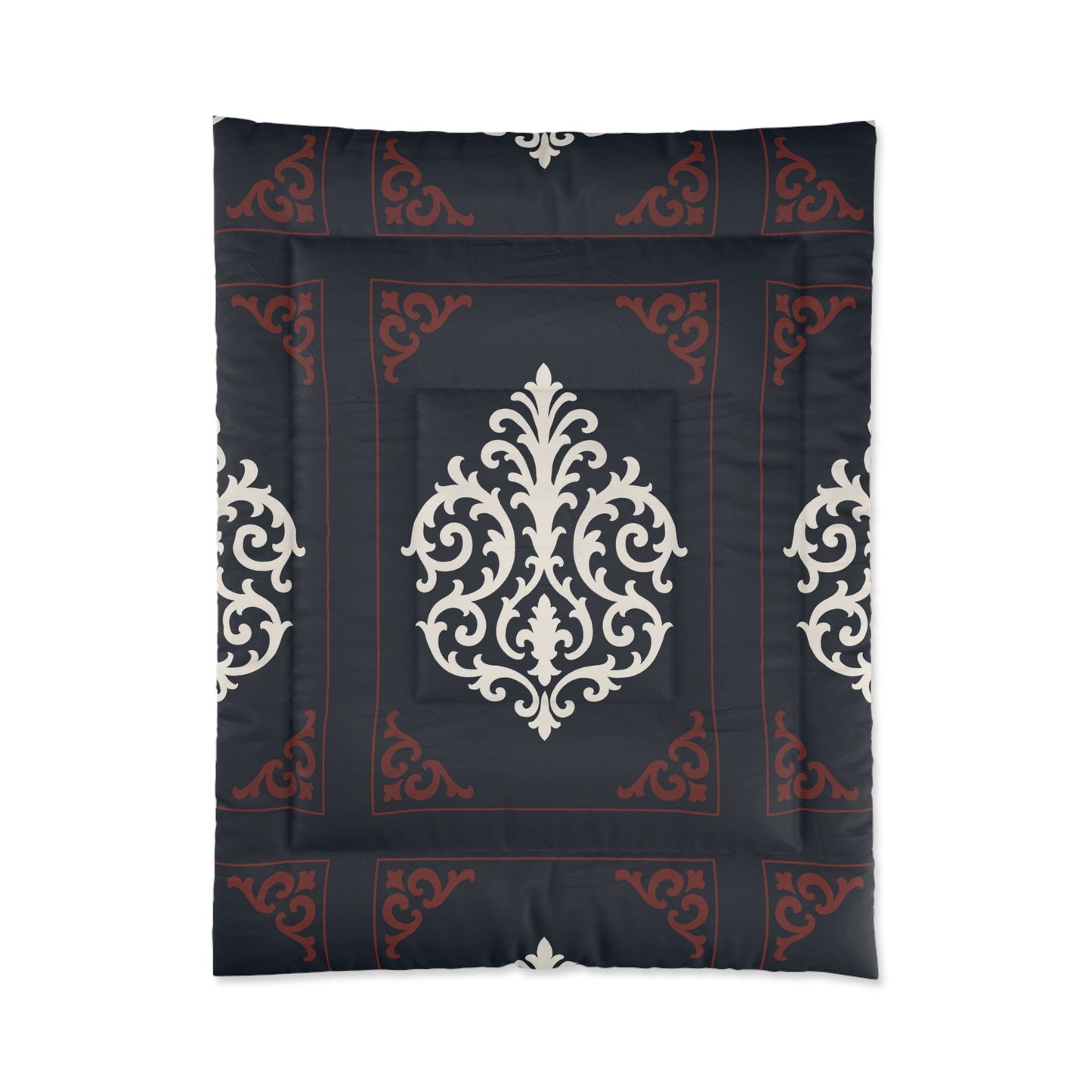 Dusk Blue-Maroon & White Baroque Comforter — Dusk Blue & White Decorative Bedding
