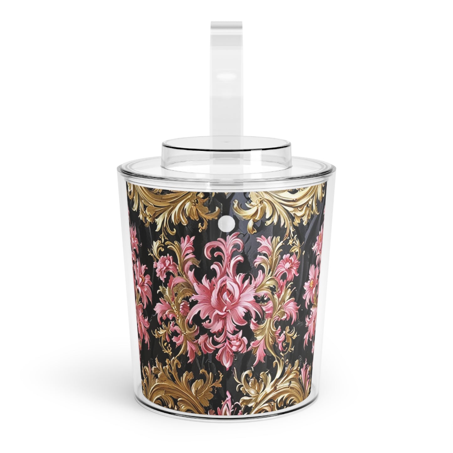 Elegant Floral Ice Bucket with Tongs, Party Accessories, Home Bar Decor, Wine Cooler, Wedding Gift - Black & Pink Oil Painting Style Rococo