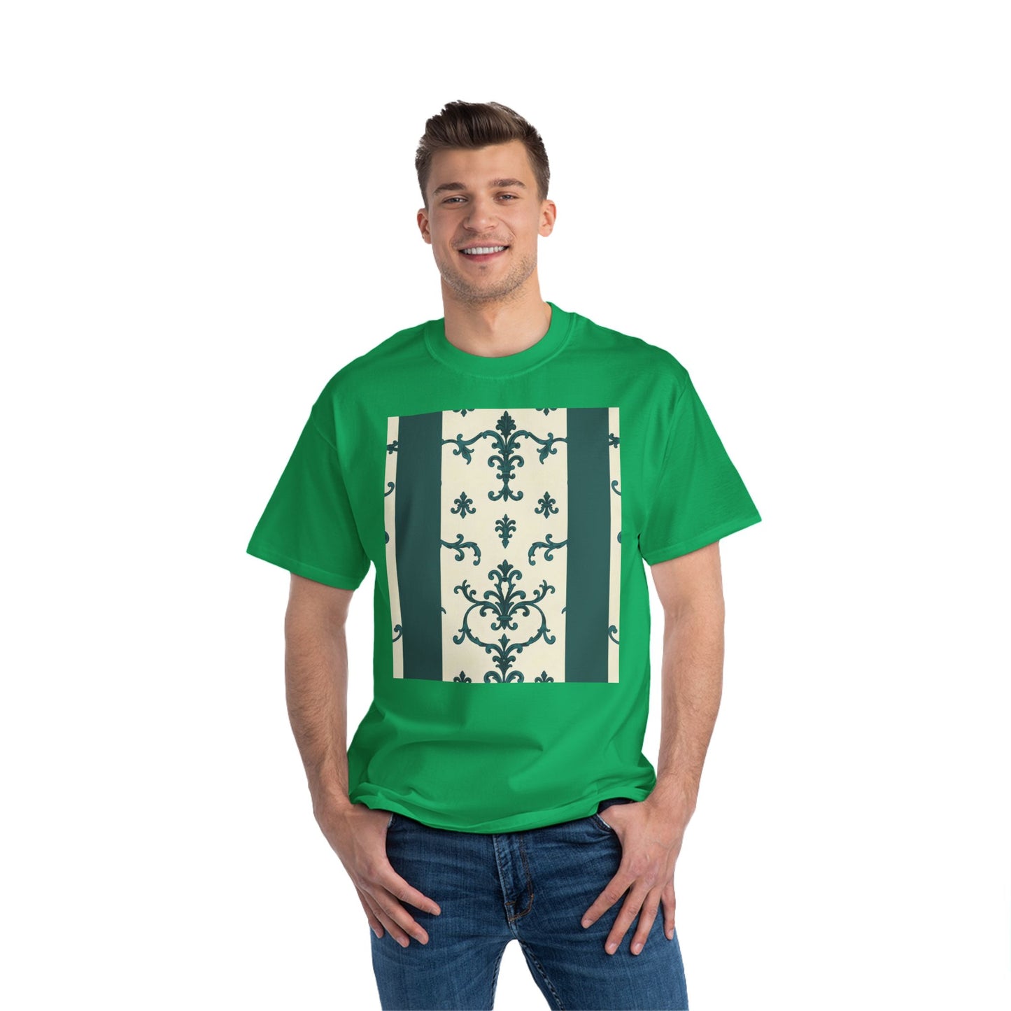 Vintage-Inspired Short-Sleeve T-Shirt, Casual Wear, Graphic Tee, Summer Outfit, Gift for Friends, Retro Design - Teal Striped Rococo