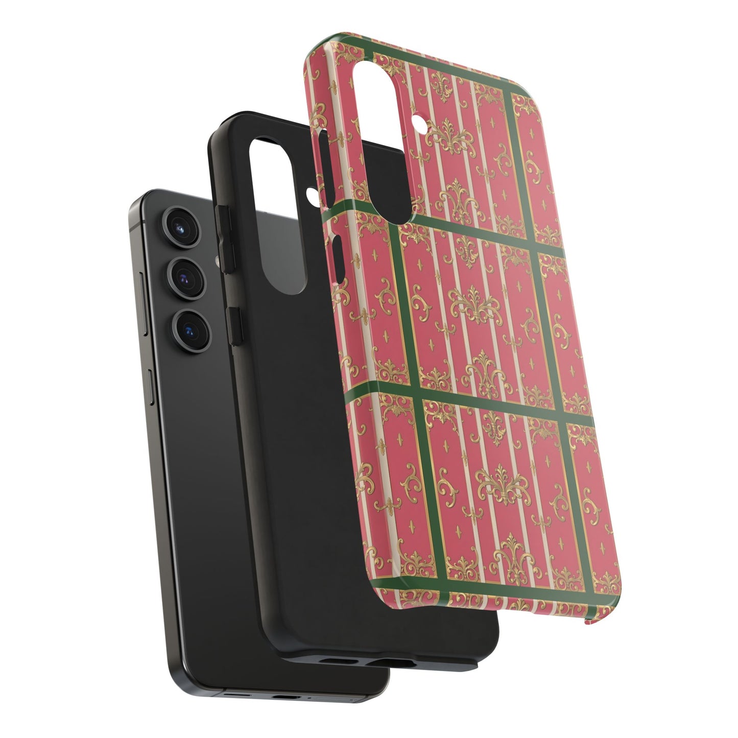 Elegant Green Border Pink Striped Baroque Phone Cases, Tough Phone Cases for Protection, Stylish Mobile Accessories, Gift for Her, Holiday Tech Gifts