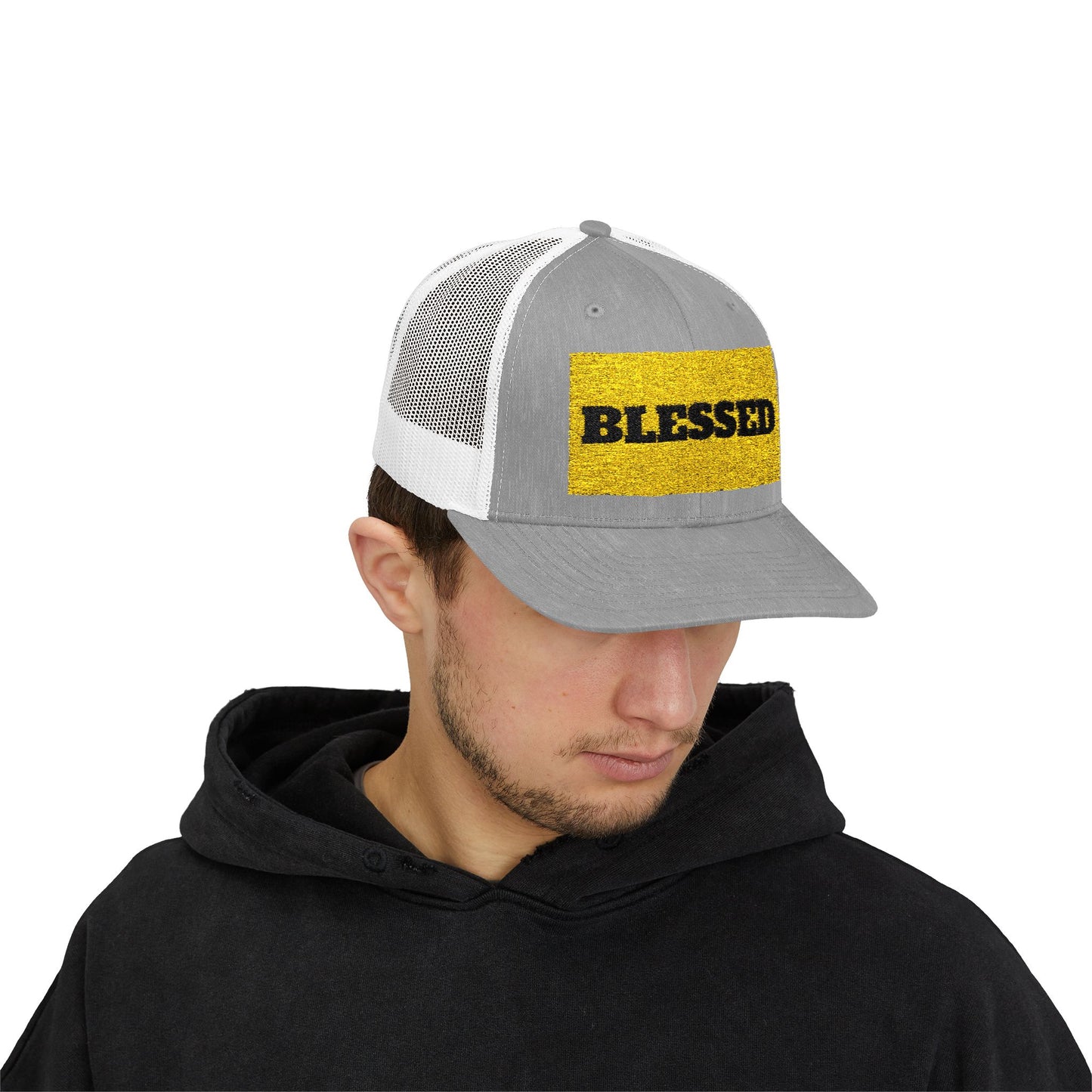 Blessed In Gold Snapback Trucker Cap for Everyday Inspiration, Faith-Based Accessory, Adjustable Hat, Gift for Friends, Motivational Cap