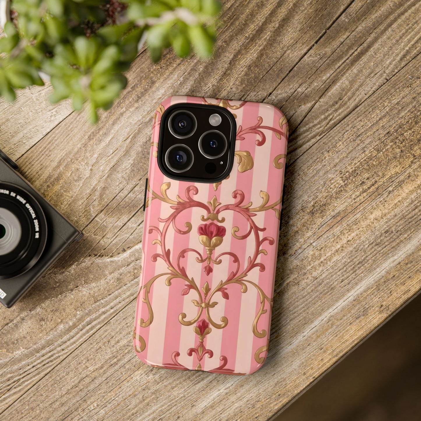 Elegant Floral Motif Phone Case - Tough Cases with Vintage Design - Pink Striped Rose Gold Damask