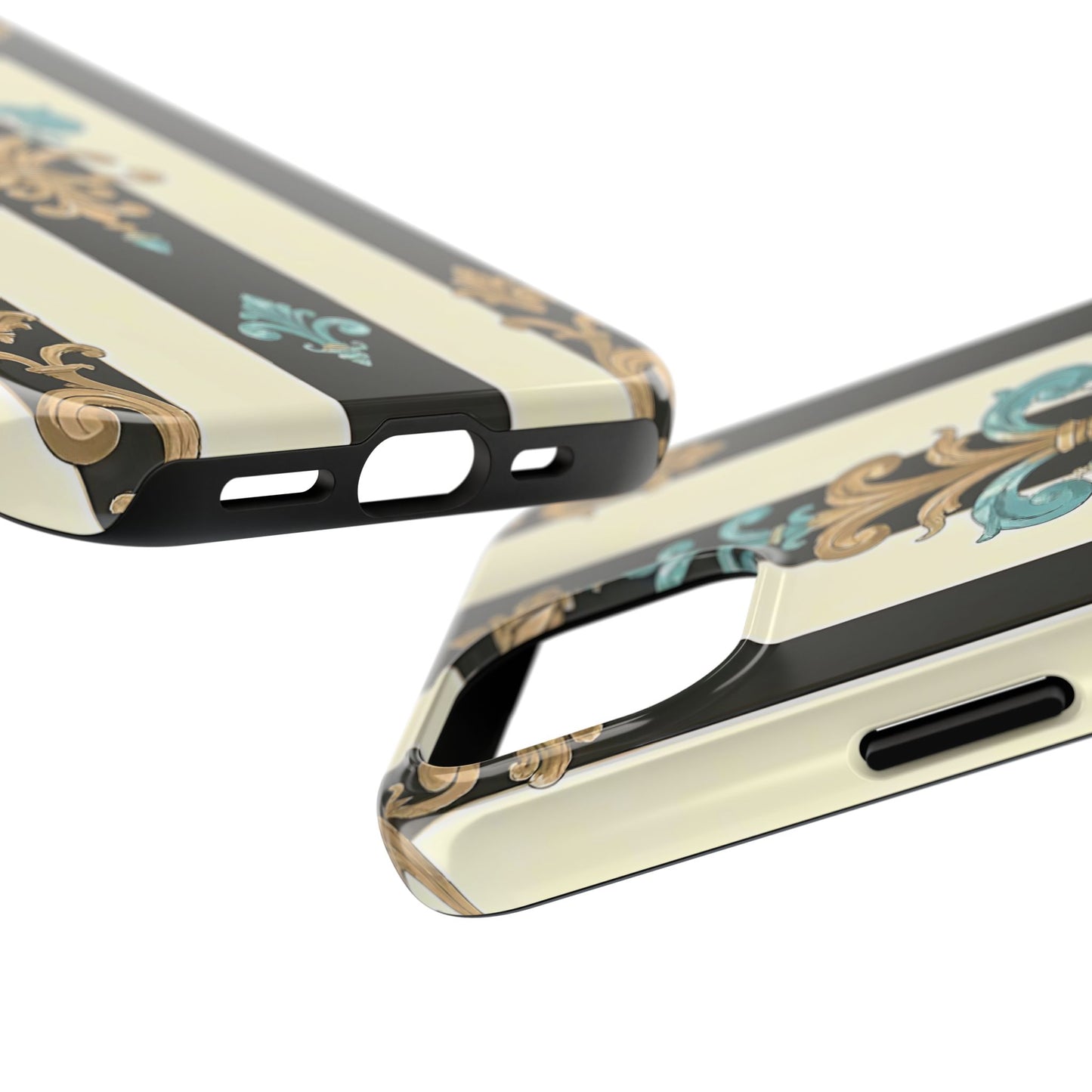 Elegant Vintage Tough Phone Cases, Stylish Phone Accessories, Quality Protection, Gifts for Her - Black Striped Turquoise & Black Rococo