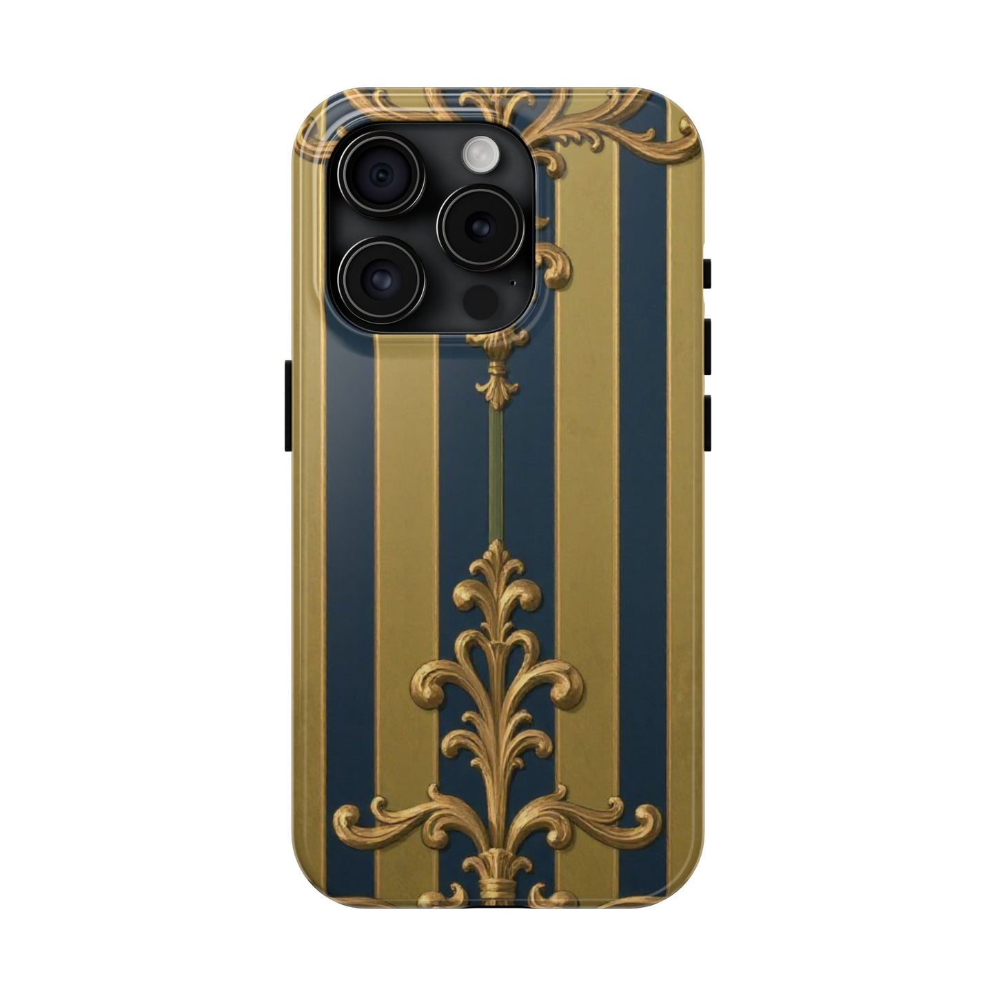Elegant Midnight Blue & Olive Striped Gold Baroque Tough Phone Case, Phone Cover, Durable Case for Protection, Stylish Gift for Him/Her