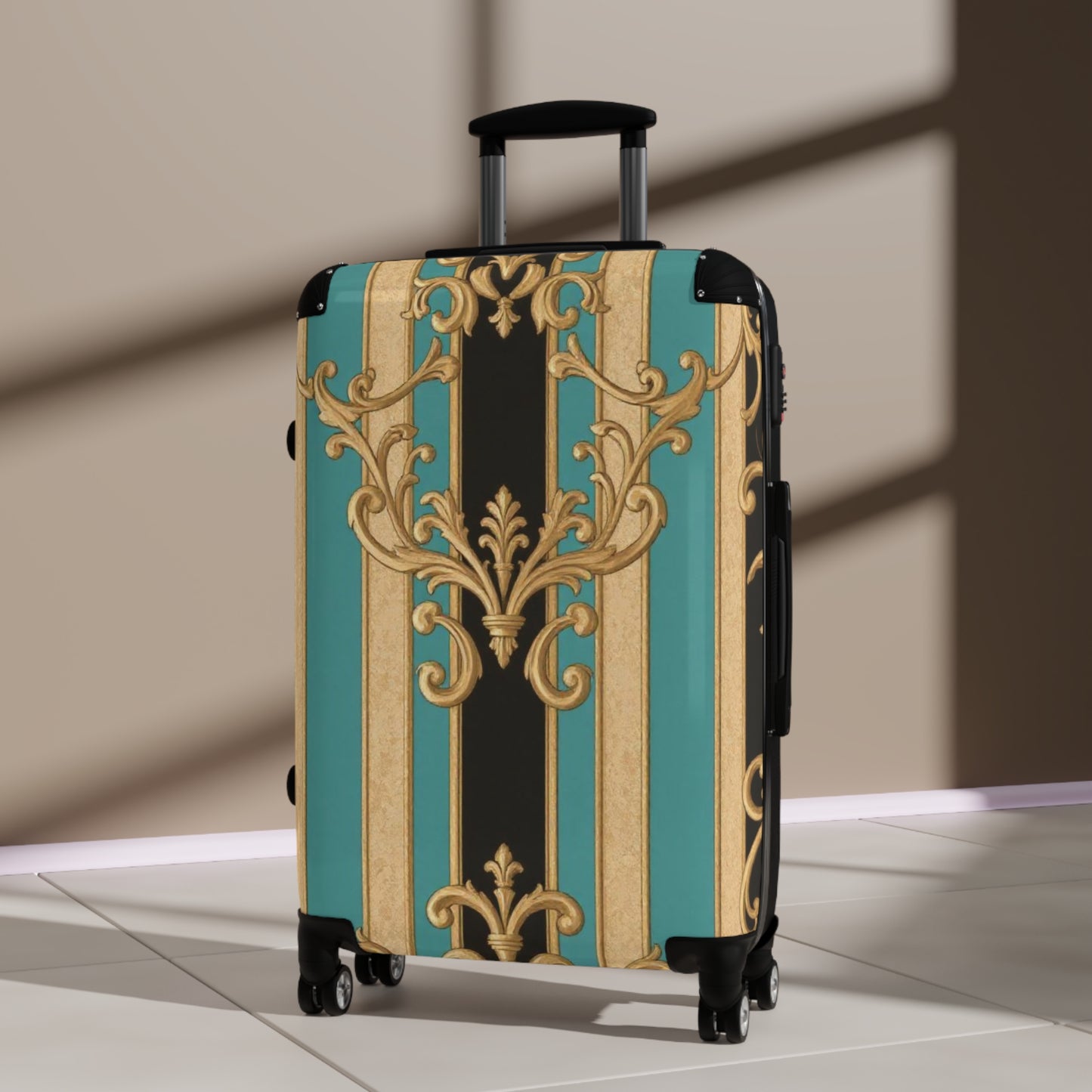 Stylish Black, Tan & Ocean Green Striped Gold Baroque Travel Suitcase, Luggage for Adventurers, Unique Gift for Travelers, Vintage Design