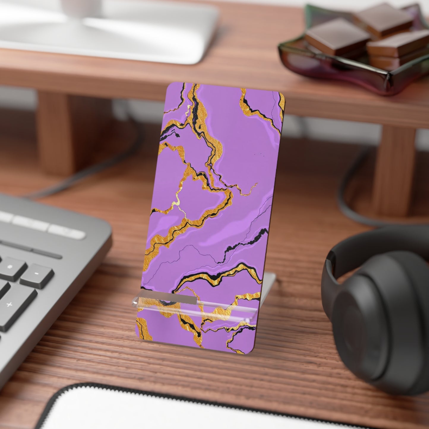 Chic Smartphone Stand, Elegant Mobile Display Holder, Purple Marble Desk Accessory, Ideal Gift for Tech Lovers, Home Office Decor