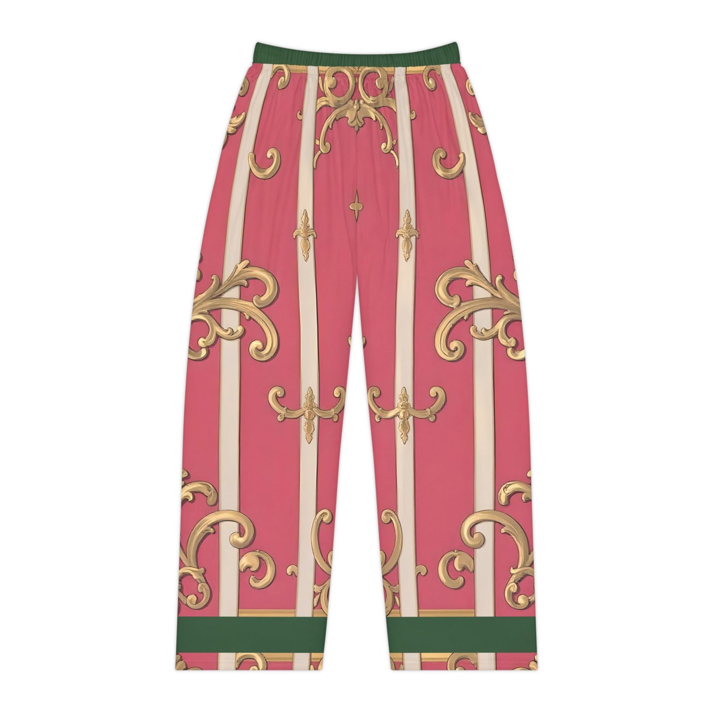Elegant Women's Pajama Pants, Green Border Pink Striped Baroque Lounge Pants, Cozy Sleepwear, Chic Nightwear, Home Relaxation