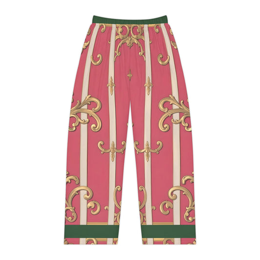 Elegant Women's Pajama Pants, Green Border Pink Striped Baroque Lounge Pants, Cozy Sleepwear, Chic Nightwear, Home Relaxation