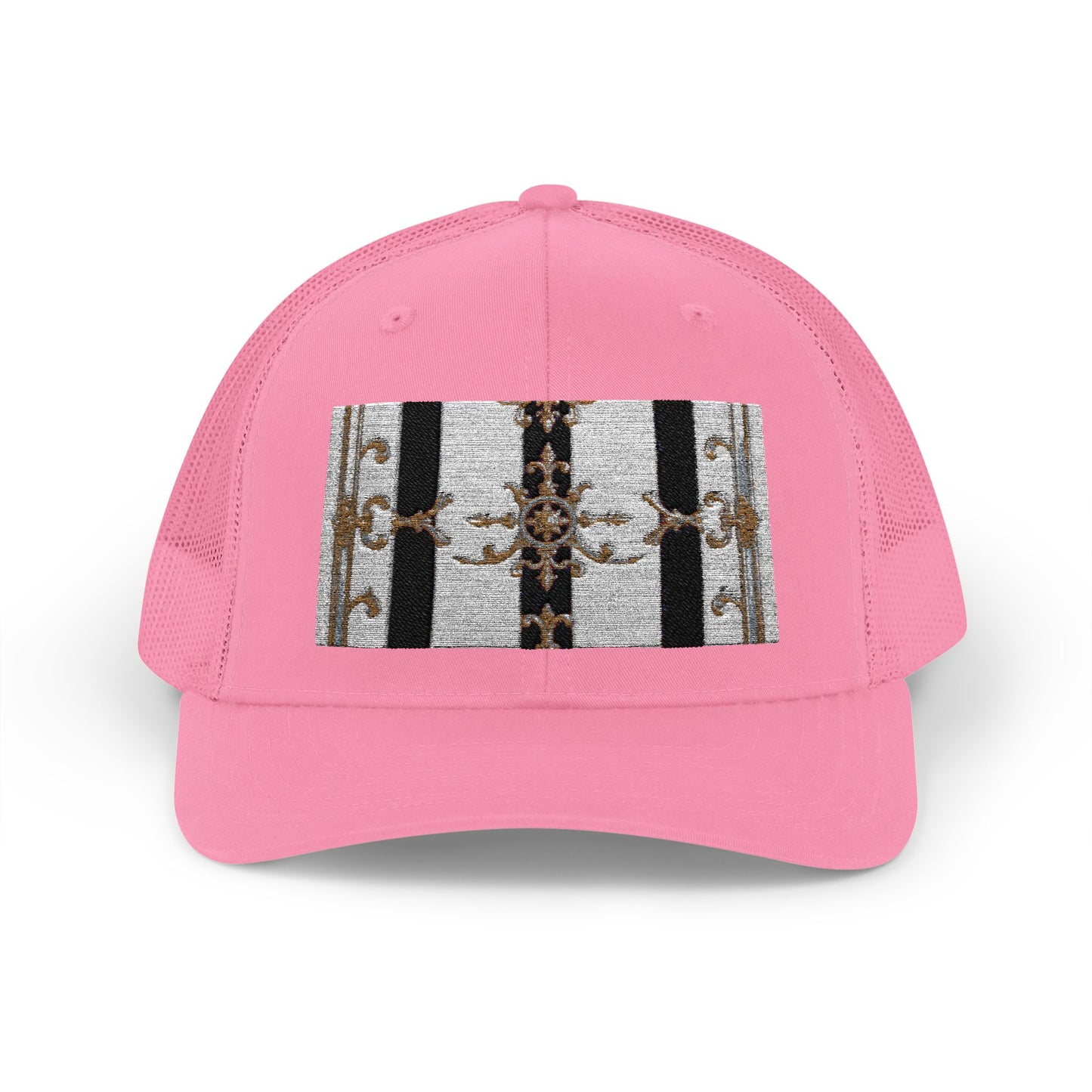 Trendy Snapback Trucker Cap, Casual Fashion Hat, Summer Accessory, Gift Idea for Cool Teens, Outdoor Activities - Black & White Striped Gold Baroque