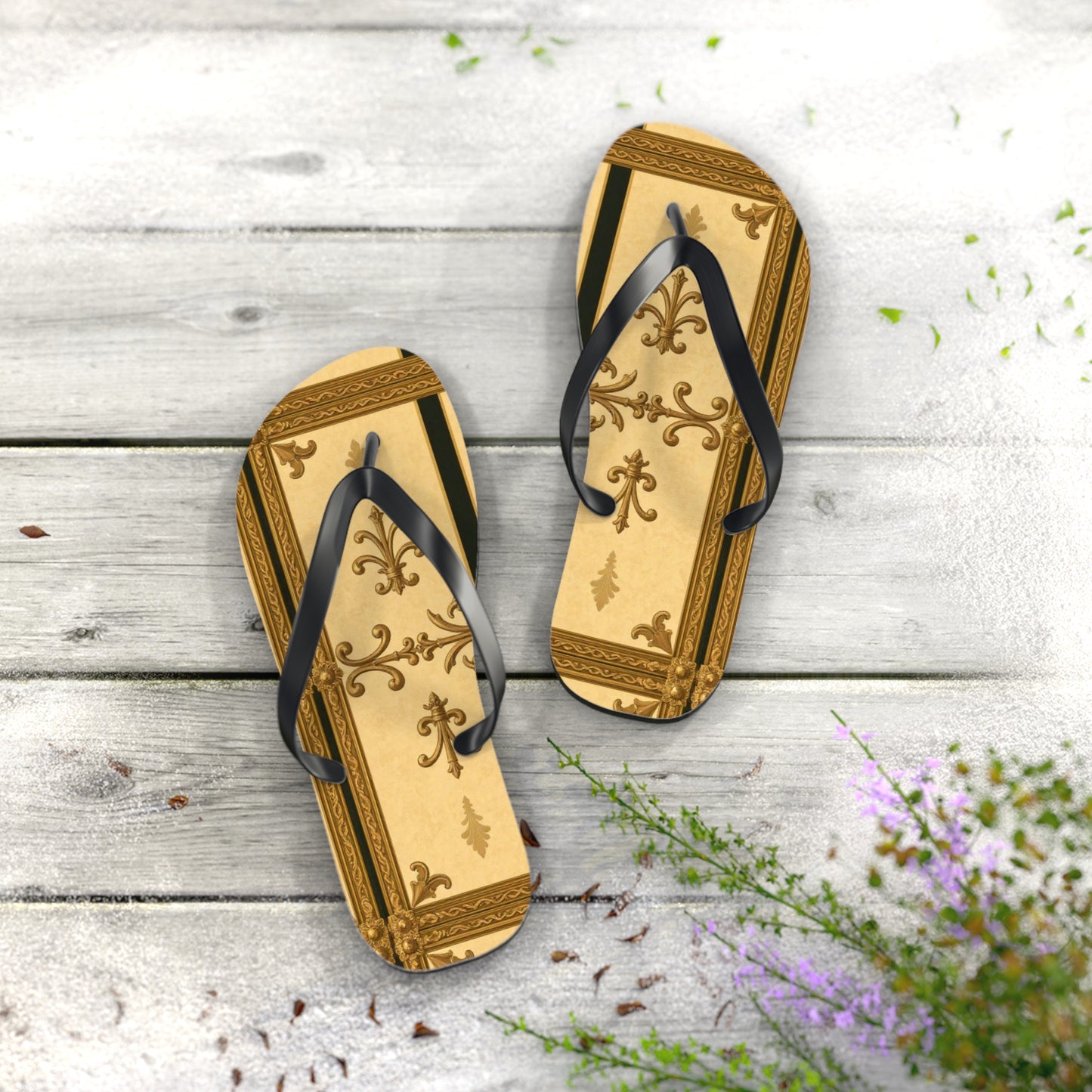 Elegant Vintage Flip Flops, Summer Footwear, Beach Sandals, Vacation Essentials, Relaxation, Unique Gifts - Matte Yellow Striped Antique Rococo