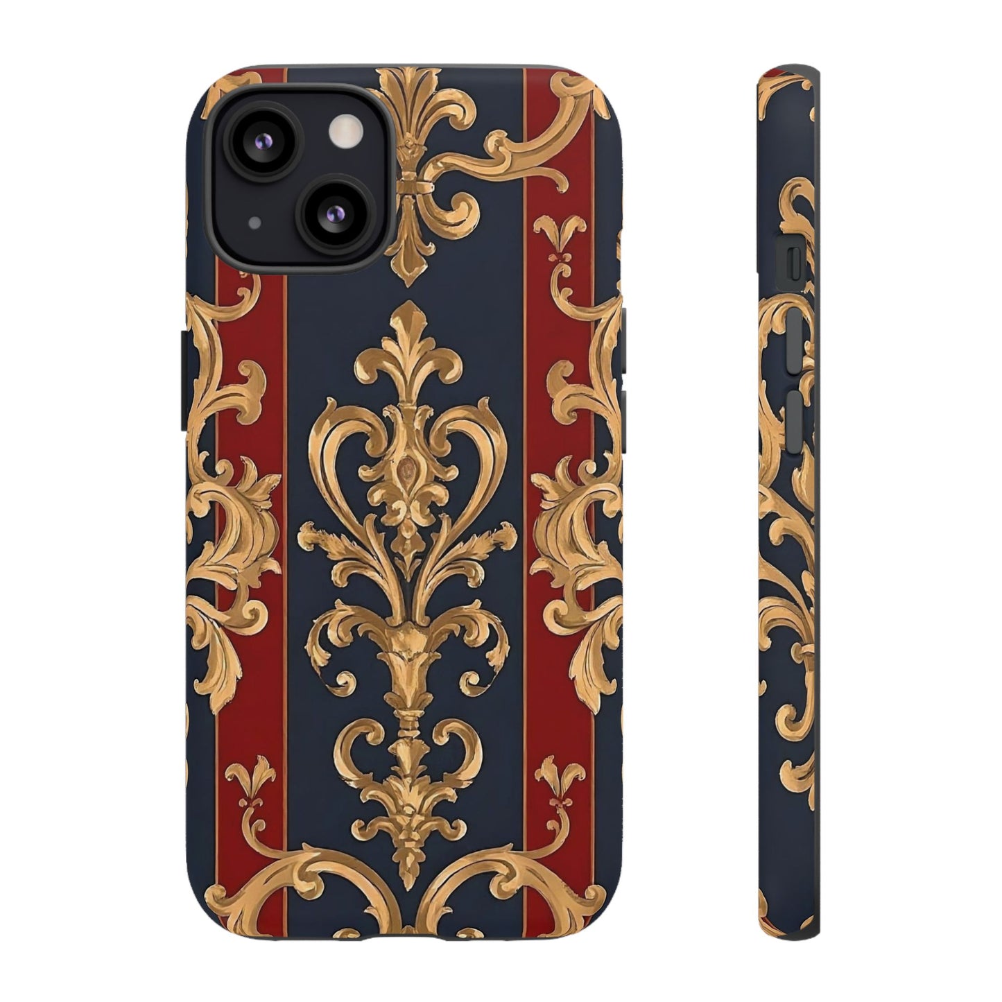 Elegant Floral Motif Phone Case - Tough Cases with Vintage Design - Midnight Blue & Dusk Red Striped Gold Damask