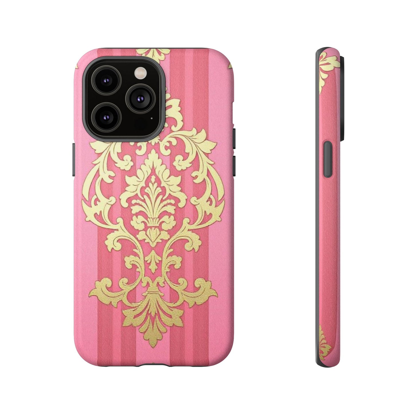 Elegant Floral Motif Phone Case - Tough Cases with Vintage Design - Pink Striped Damask