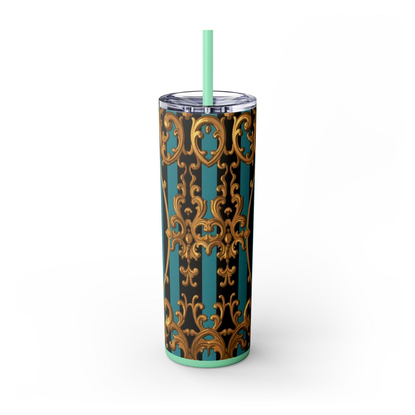 Elegant Turquoise & Black Striped Gold Baroque Skinny Tumbler with Straw, 20oz, Stylish Travel Mug, Party Favor, Birthday Gift, Drinkware