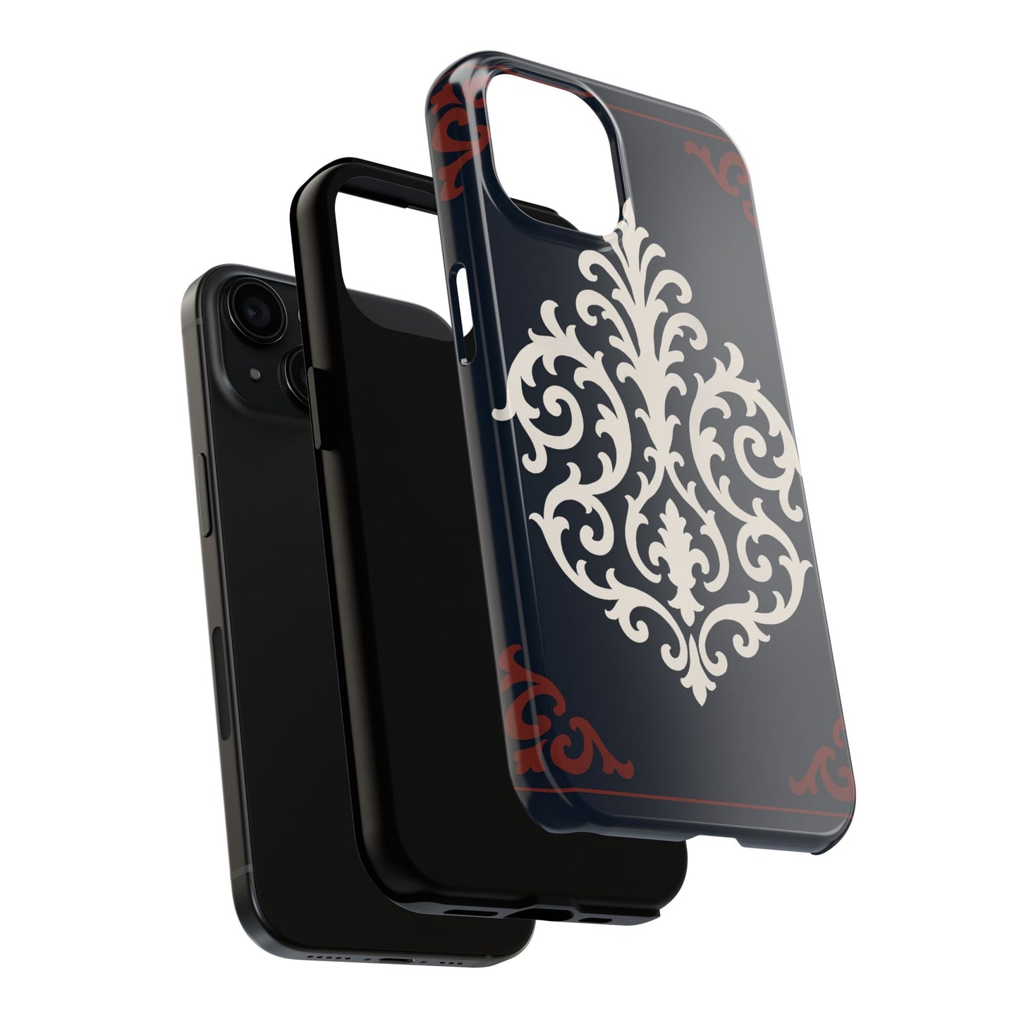 Dusk Blue-Maroon & White Baroque Tough Phone Case — Vintage Scroll Design
