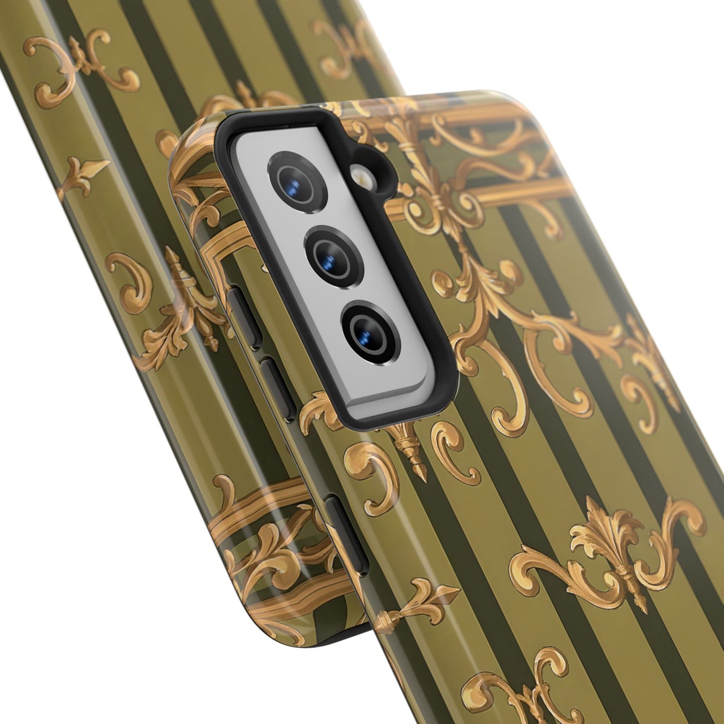 Elegant Vintage Phone Case - Tough Protection with Classy Design, Stylish Phone Cover for Fashion Lovers - Olive Green Striped Rococo