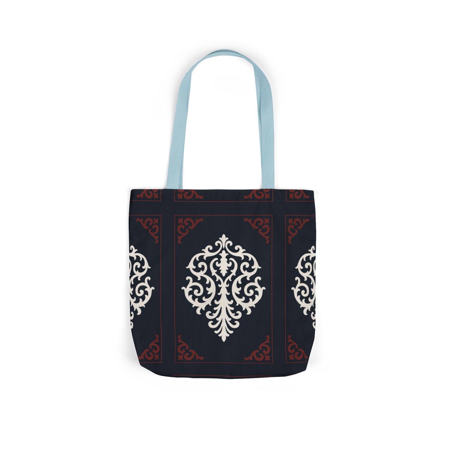 Dusk Blue-Maroon & White Baroque Pattern Canvas Tote Bag — Elegant Dusk Blue & White Reusable Market Bag