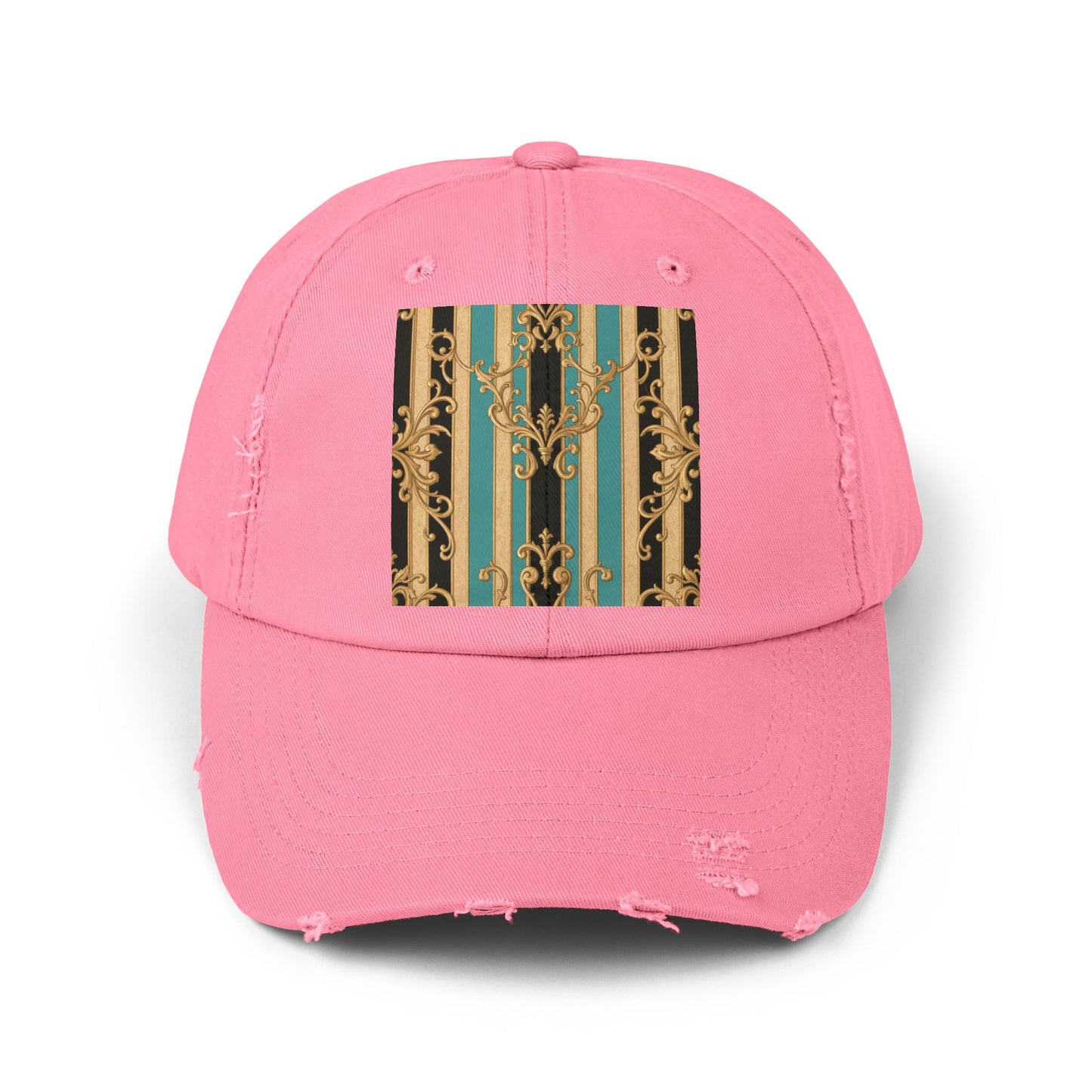 Distressed Black, Tan & Ocean Green Striped Gold Baroque Cap with Elegant Stripe Design | Vintage-Inspired Accessories, Unisex Casual Hat