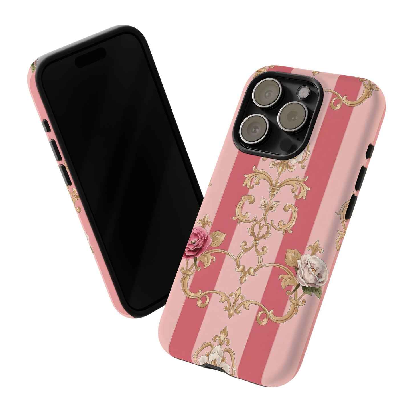 Elegant Floral Motif Phone Case - Tough Cases with Vintage Design - Pink Striped Roses & Damask