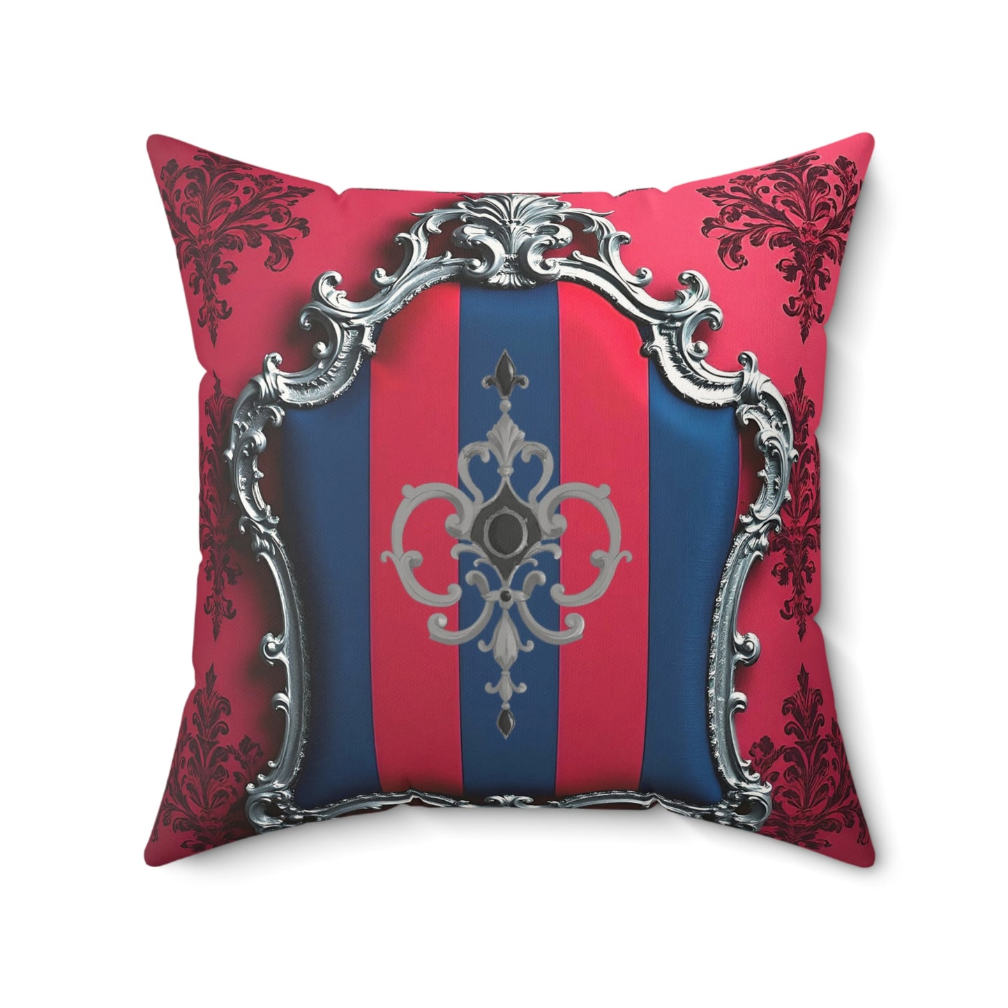 Luxurious Faux Suede Square Pillow with Elegant Pattern, Home Decor, Sofa Accent, Living Room Accent - Blue & Red Striped Silver Crest