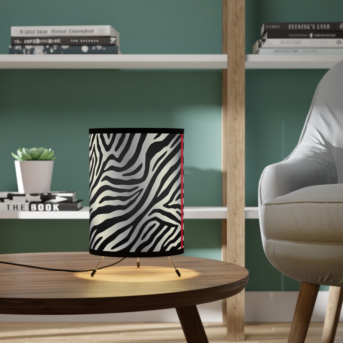 Zebra Print Tripod Lamp - Modern Home Decor with High-Res Shades - Silver/Red Stripe