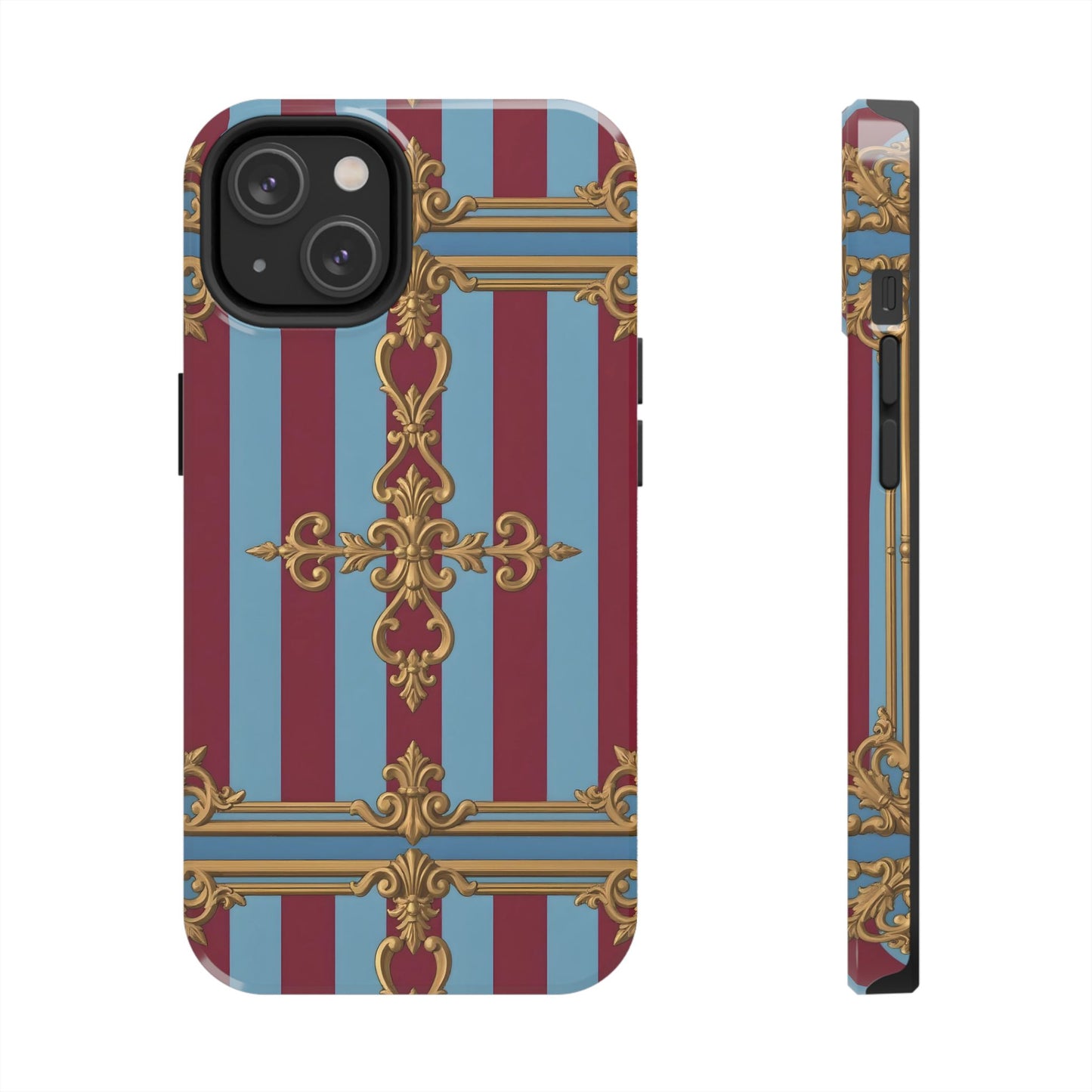 Elegant Patterned Tough Phone Cases, Stylish Phone Cover, Durable Phone Protection, Unique Gift Idea - Sky Blue & Maroon Striped Baroque