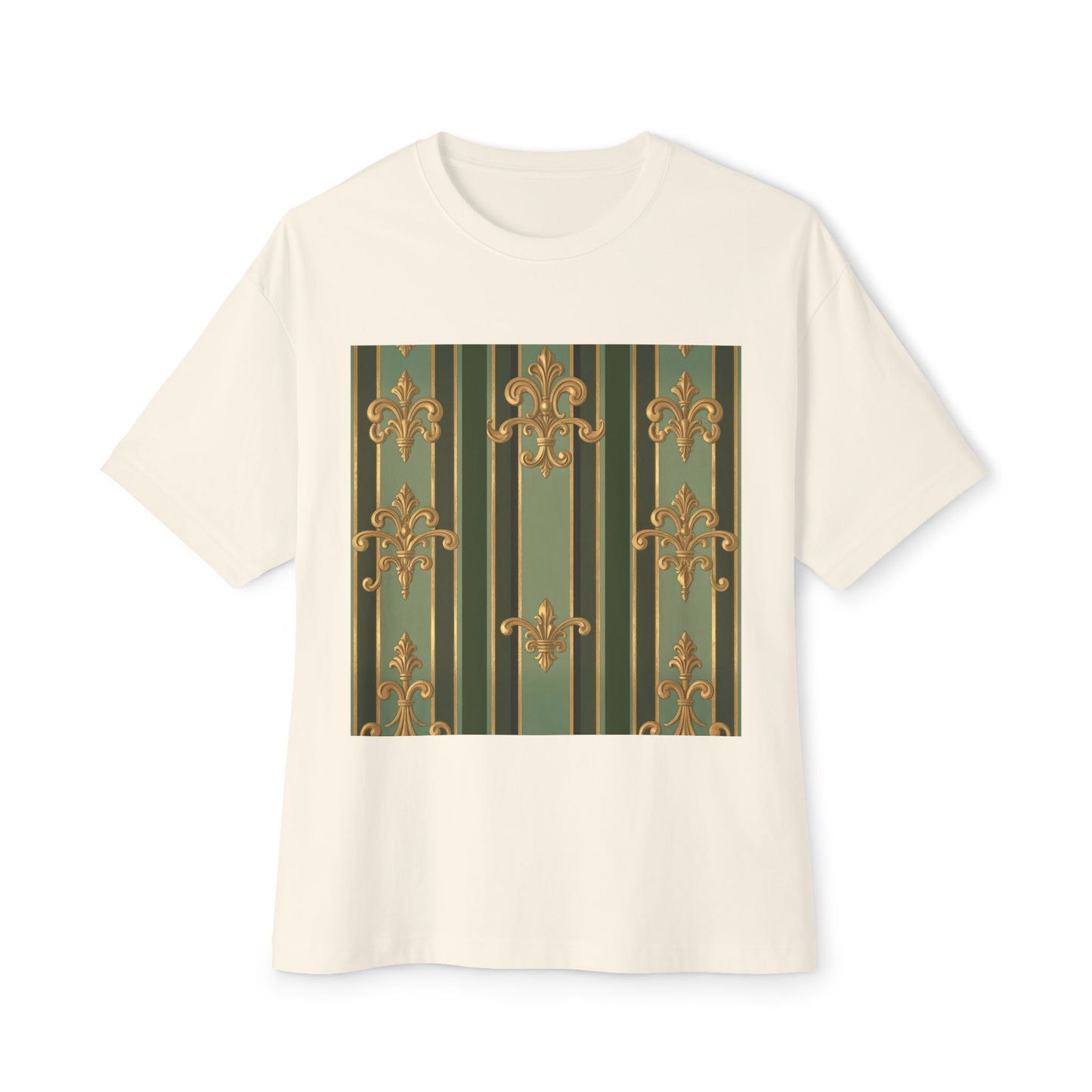 Elegant Vintage-Inspired Boxy Tee, Relaxed Fit Graphic T-Shirt, Floral Design Top, Perfect for Casual Outings - Green Striped Gold Baroque