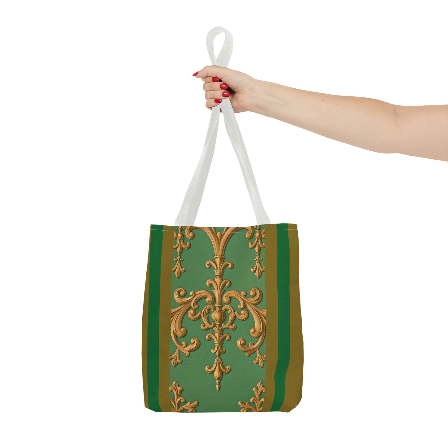 Ornate Floral Tote Bag, Chic Shopping Bag, Fashionable Eco Tote, Stylish Gift for Her, Versatile Everyday Use - Olive Green Striped Rococo