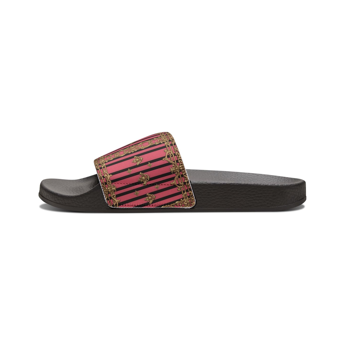 Chic Women's Removable-Strap Sandals - Stylish Summer Footwear, Casual Pool Slides, Vacation Ready - Pink Striped Gold Rococo