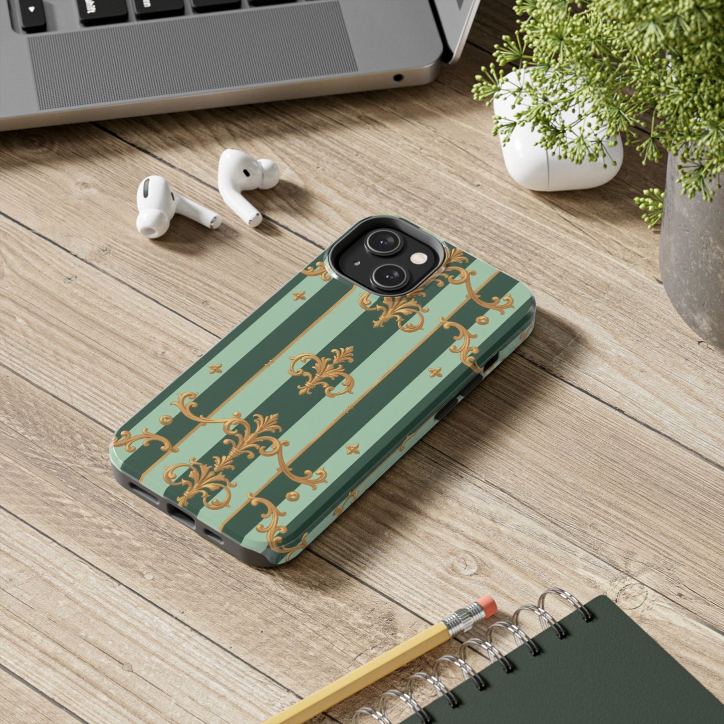 Elegant Floral Tough Phone Cases | Stylish Phone Protection, Gift for Her, Trendy Accessory, Unique Decor - Mint Green & Teal Striped Gold Baroque