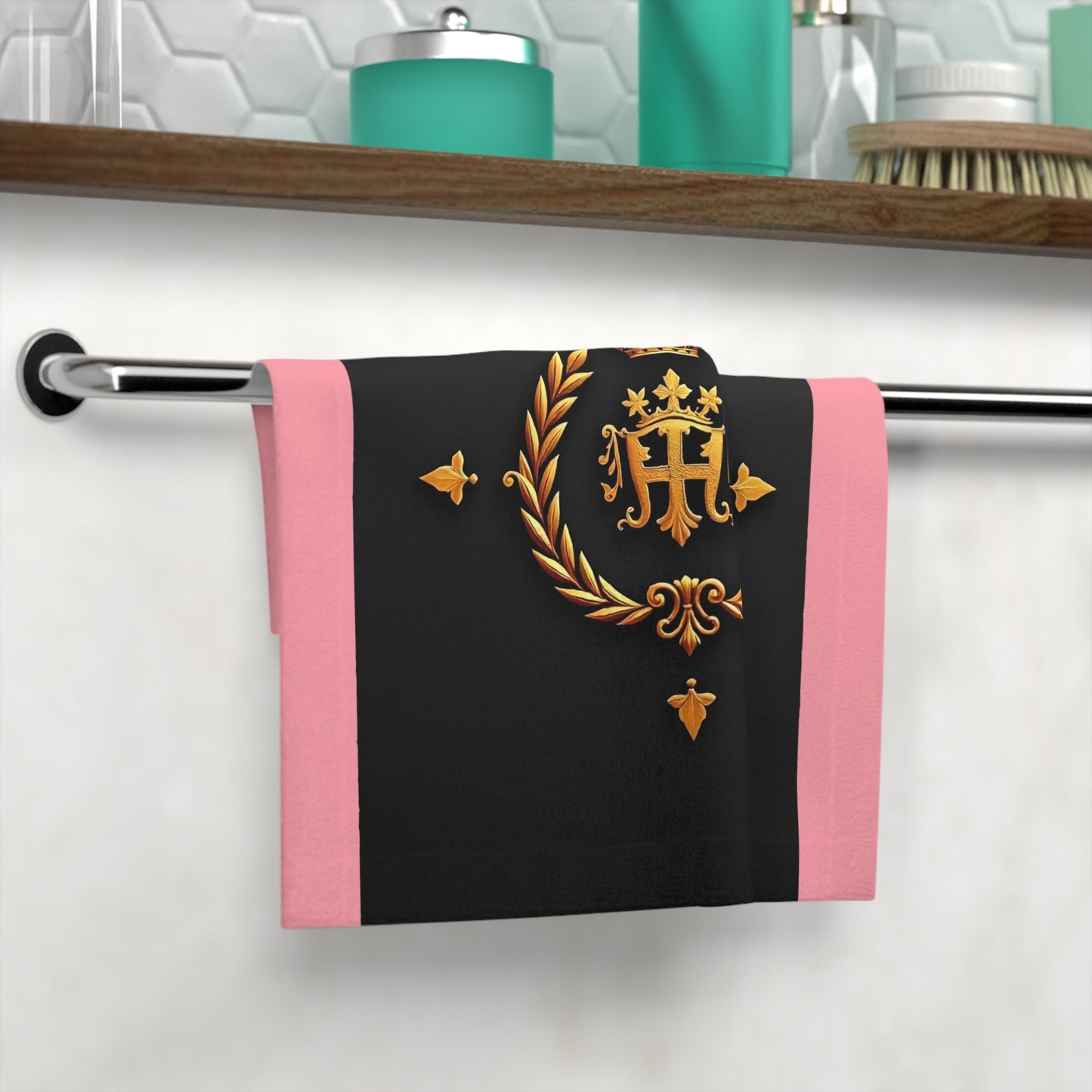 Elegant Face Towel with Royal Crest - Luxurious Bath Accessory, Gifts for Her, Home Essentials, Embellished Towel - Pink Striped Gold Crest