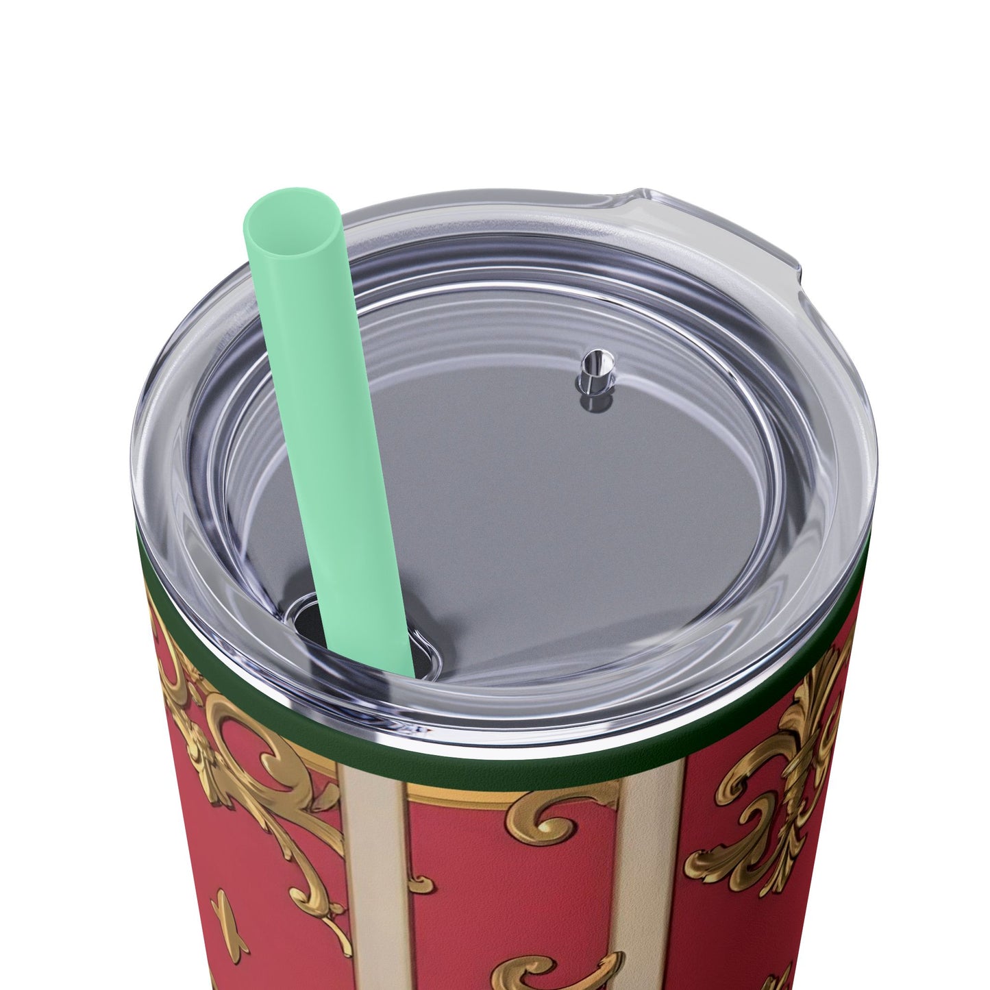Elegant Green Border Pink Striped Baroque Skinny Tumbler with Straw, Reusable Travel Mug, Gift for Her, Fashionable Drinkware