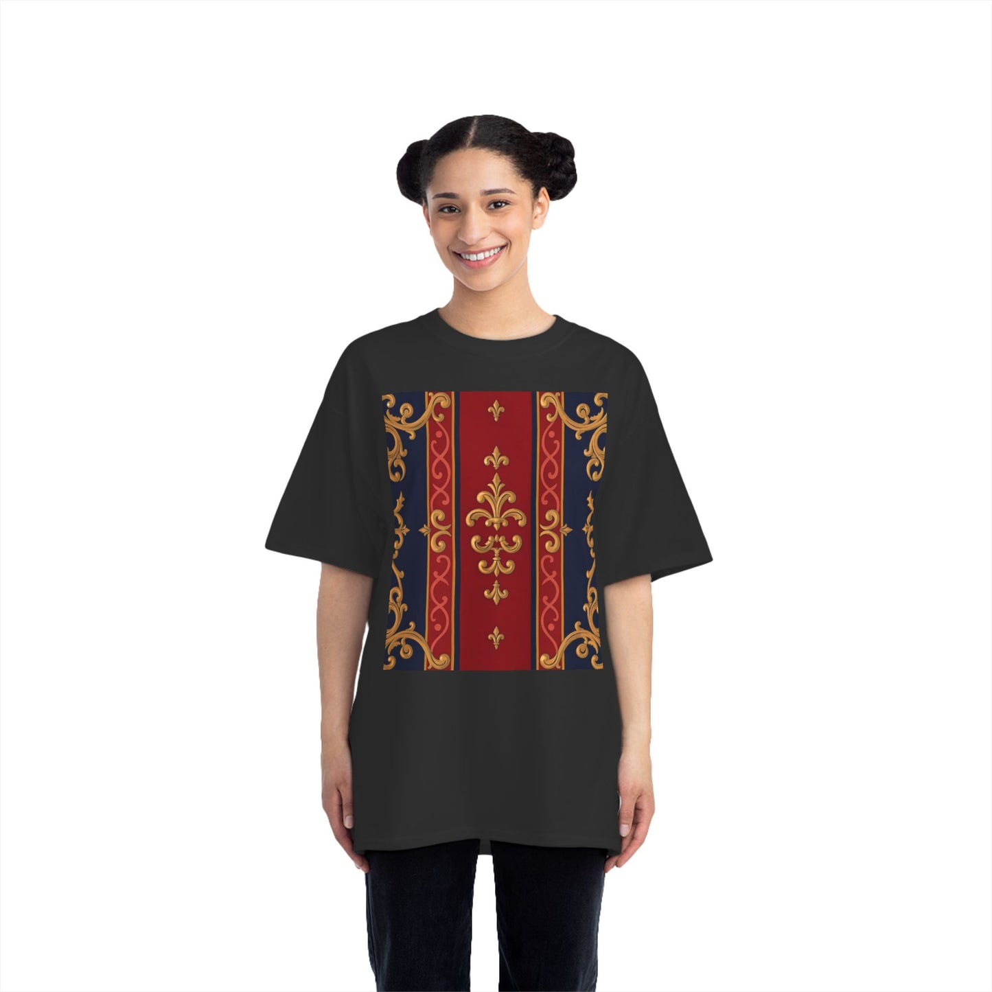 Elegant Baroque T-Shirt for Fashion Lovers, Casual Wear, Gift for Her, Unique Tee for Art Enthusiasts - Midnight Blue & Dusk Red Gold Baroque