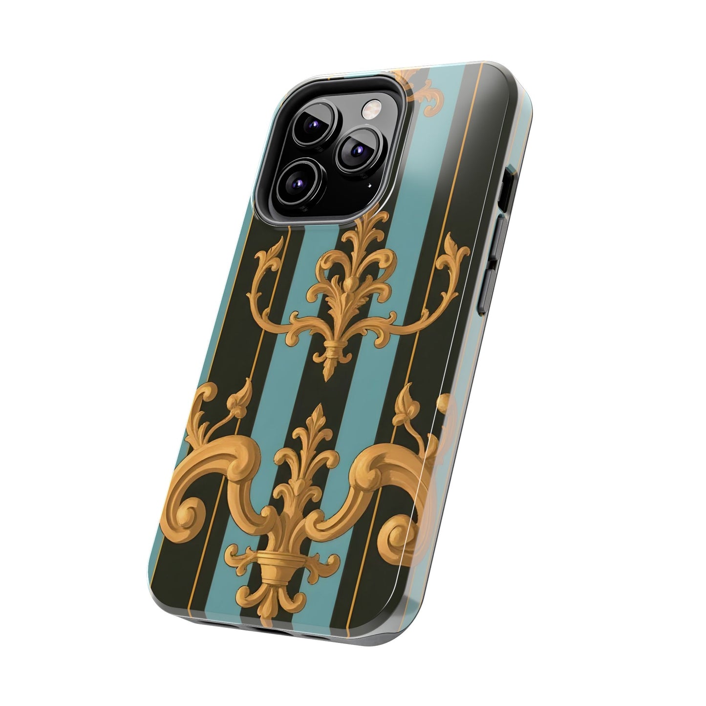 Elegant Baroque Tough Phone Case, Stylish Phone Cover, Durable iPhone Case, Unique Gift - Black & Turquoise Striped Baroque