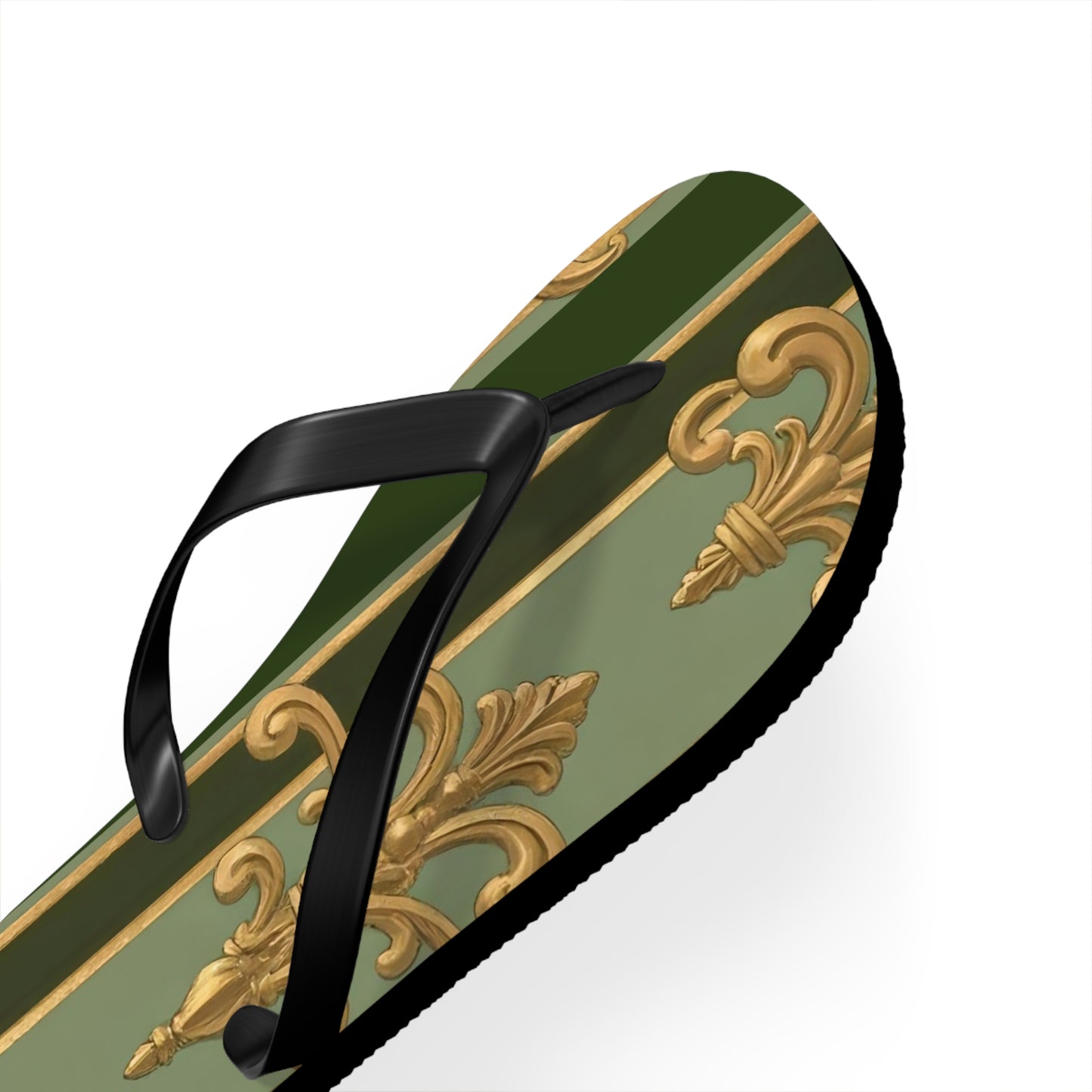 Elegant Vintage Flip Flops for Summer, Casual Sandals, Beachwear, Vacation Footwear, Summer Parties - Green Striped Gold Baroque