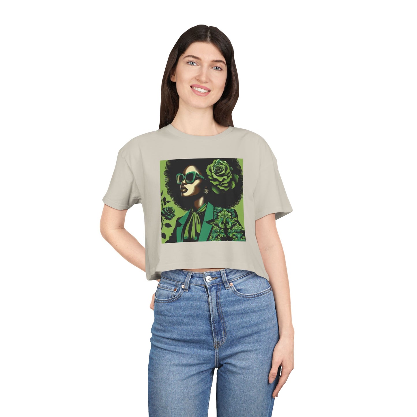 Stylish Women's Crop Tee with Damask Design | Trendy Summer Top, Afro Crop Shirt, Casual Wear, Gift for Her - Lady in Green Damask