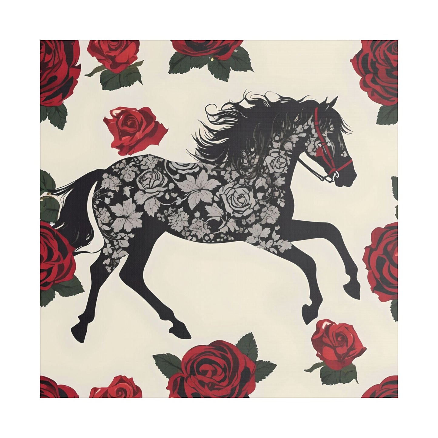 Art Print Canvas, Wall Decor, Satin Stretched Canvas, Equestrian Art, Office Decor, Home Decor - Horse & Roses