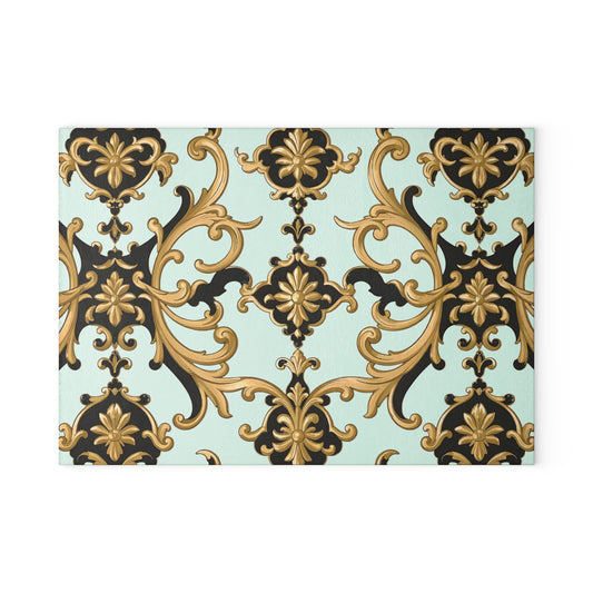 Elegant Kitchen Glass Cutting Board - Decorative Cooking Gift, Home Decor, Wedding Present, Culinary Art, Housewarming Gift - Black & Gold Rococo