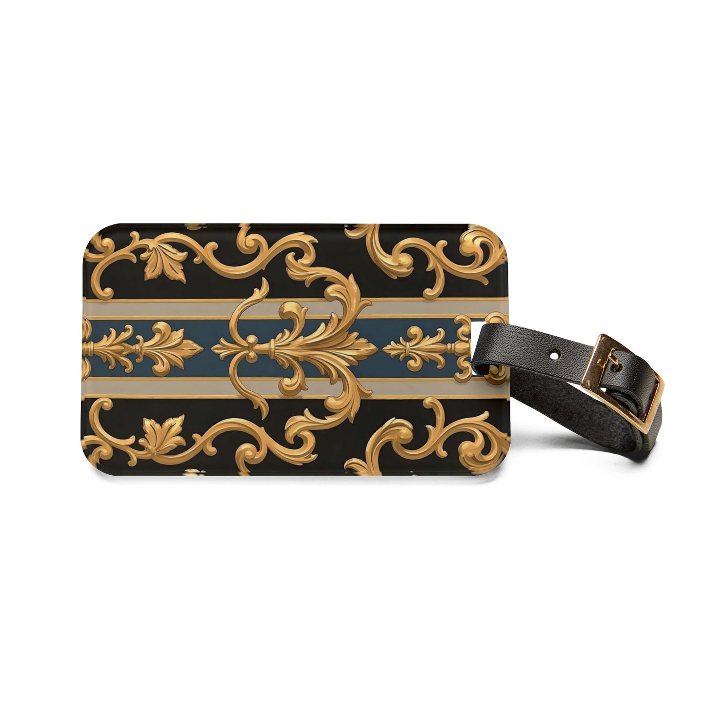 Elegant Vintage Luggage Tag | Travel Accessories, Personalized Baggage Tag, Stylish ID Holder, Gift for Travelers - Blue & Black Striped Rococo