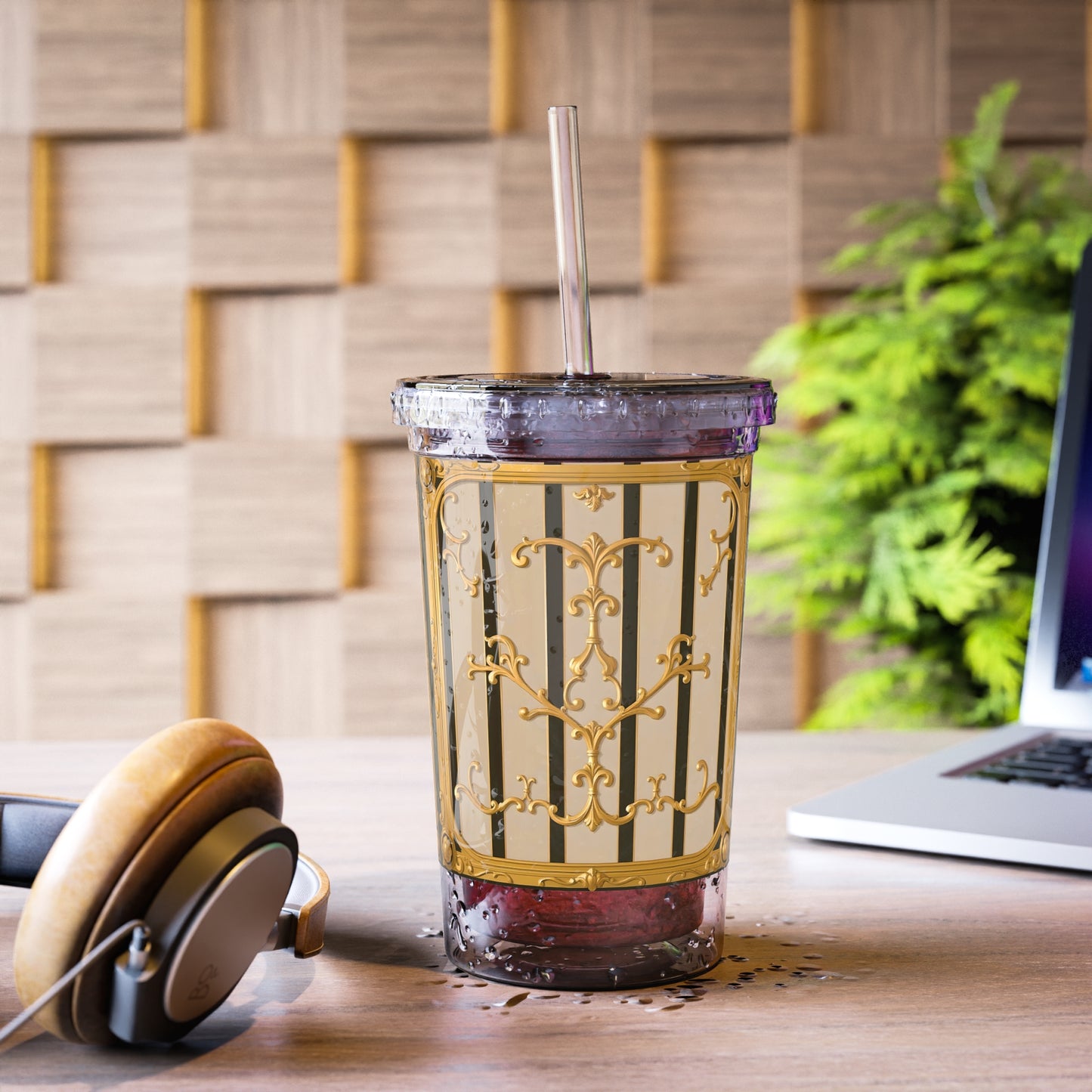 Suave Acrylic Cup, Travel Cup, Great Gift - Beige Striped Gold Rococo