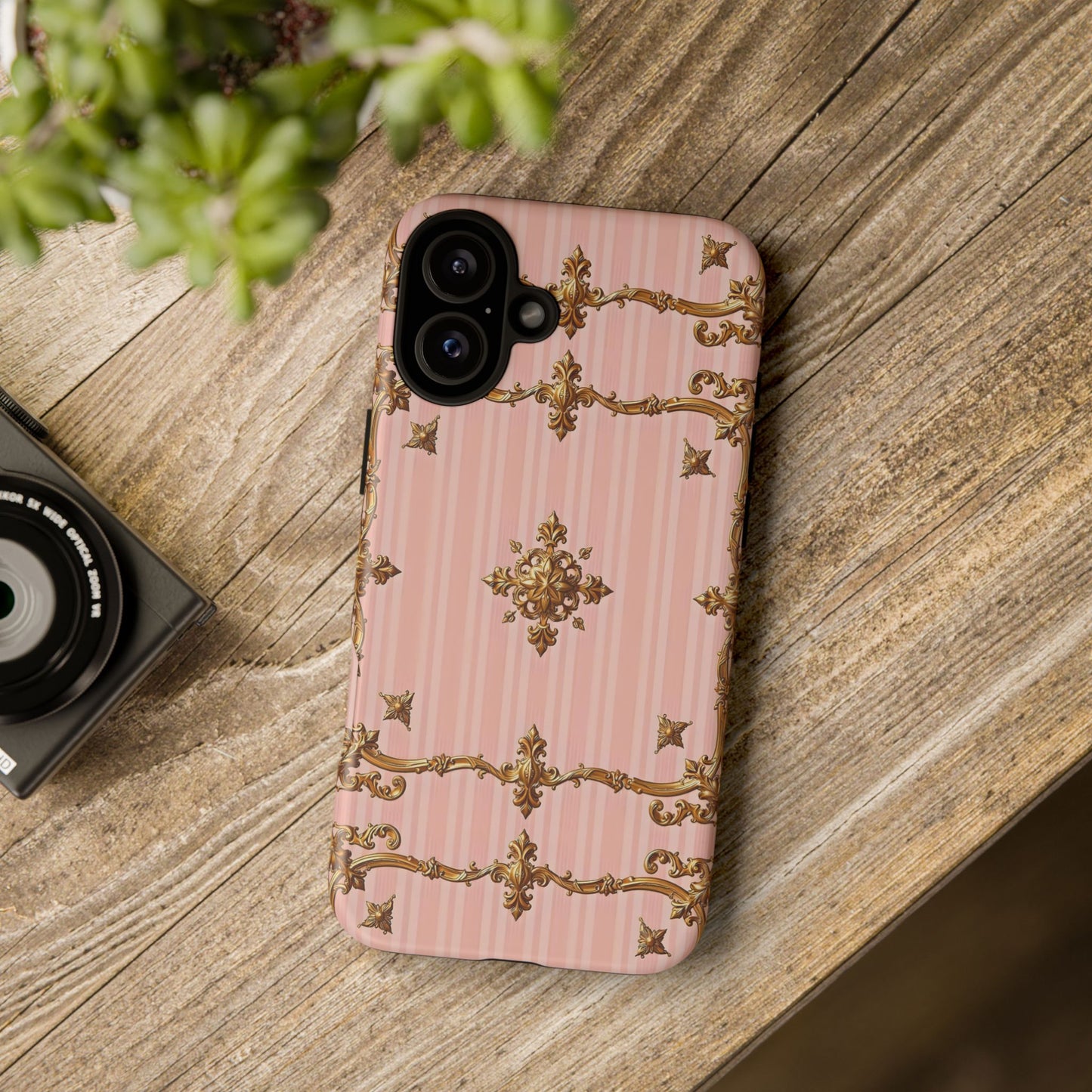 Elegant Floral Phone Case, Tough Cases for Women, Trendy Phone Cover, Chic Gift - Pink Striped Gold Baroque