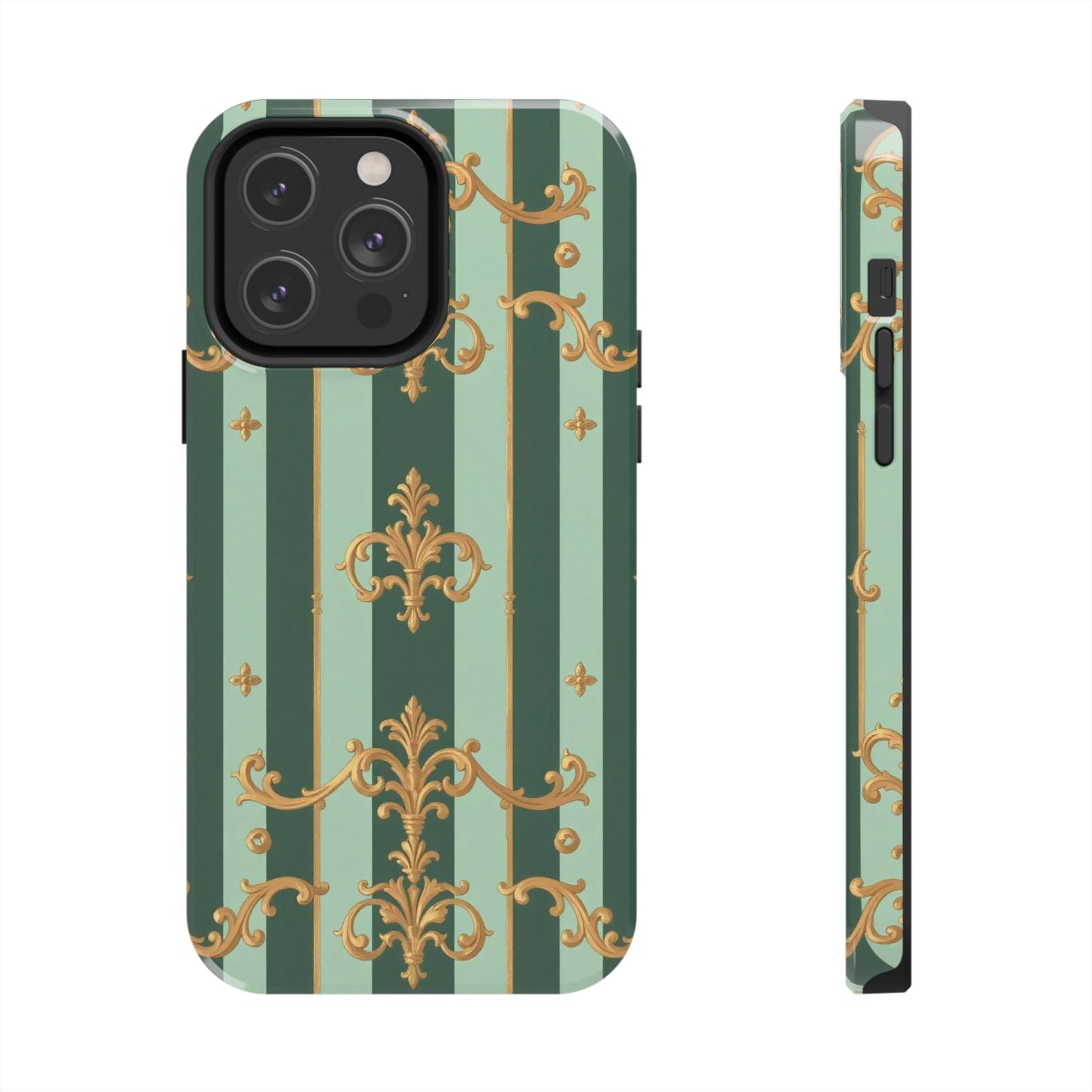 Elegant Floral Tough Phone Cases | Stylish Phone Protection, Gift for Her, Trendy Accessory, Unique Decor - Mint Green & Teal Striped Gold Baroque