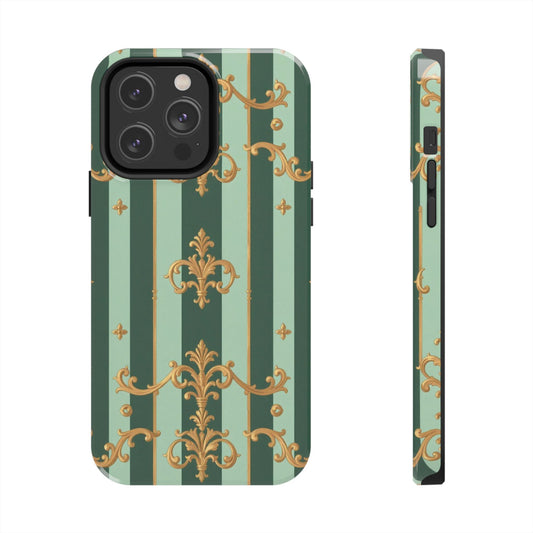 Elegant Floral Tough Phone Cases | Stylish Phone Protection, Gift for Her, Trendy Accessory, Unique Decor - Mint Green & Teal Striped Gold Baroque