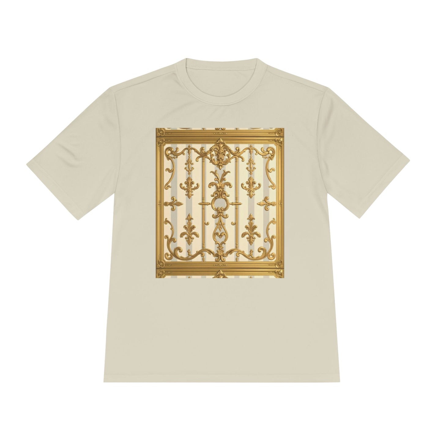 Elegant Gold Unisex Moisture Wicking Tee, Fashion Tee, Workout Shirt, Summer Style - Matte Gray & Cream Striped Gold Baroque