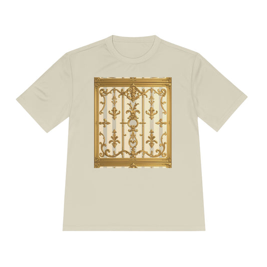 Elegant Gold Unisex Moisture Wicking Tee, Fashion Tee, Workout Shirt, Summer Style - Matte Gray & Cream Striped Gold Baroque