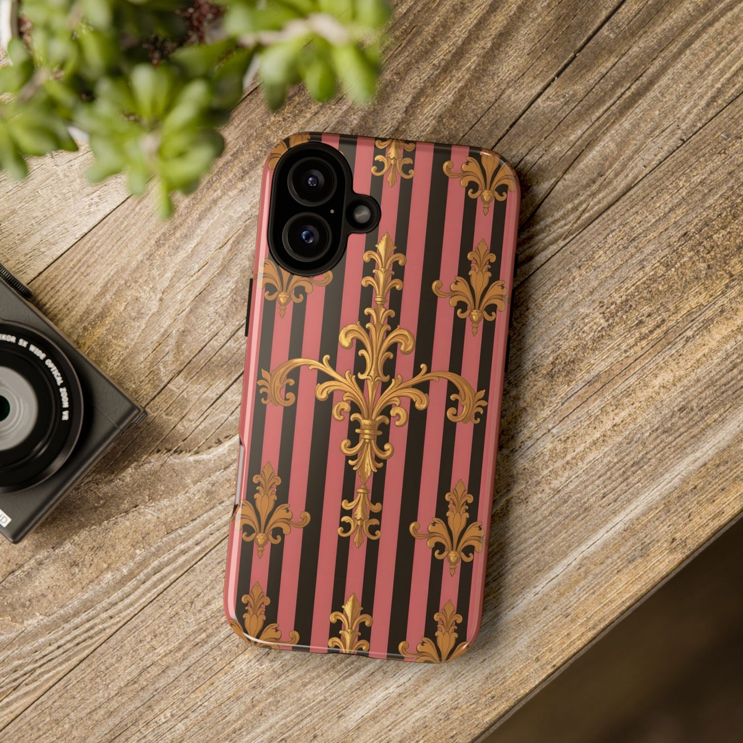 Elegant Floral Motif Phone Case - Tough Cases with Vintage Design - Mauve Striped Gold Damask