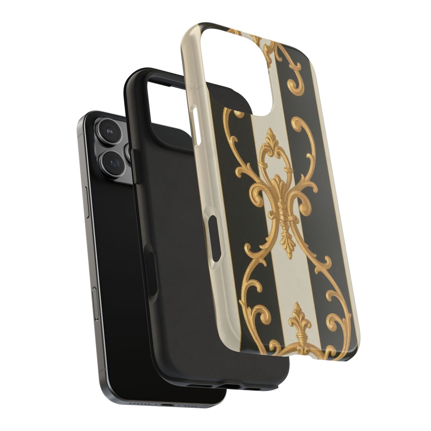 Elegant Black & Alabaster Striped Baroque Tough Phone Cases - Chic Protection, Black Gold Decor, Stylish Accessory, Gift for Her, Trendy Tech