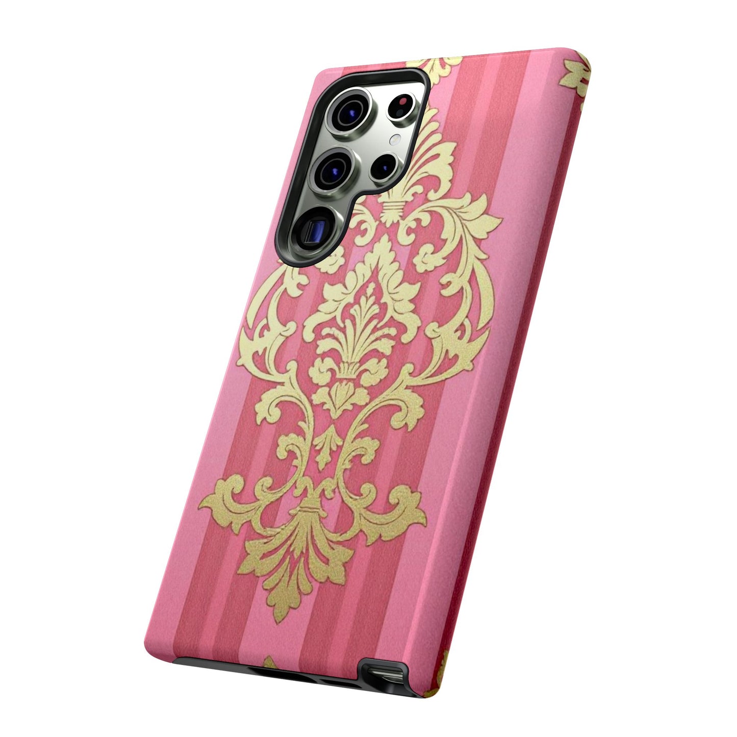 Elegant Floral Motif Phone Case - Tough Cases with Vintage Design - Pink Striped Damask