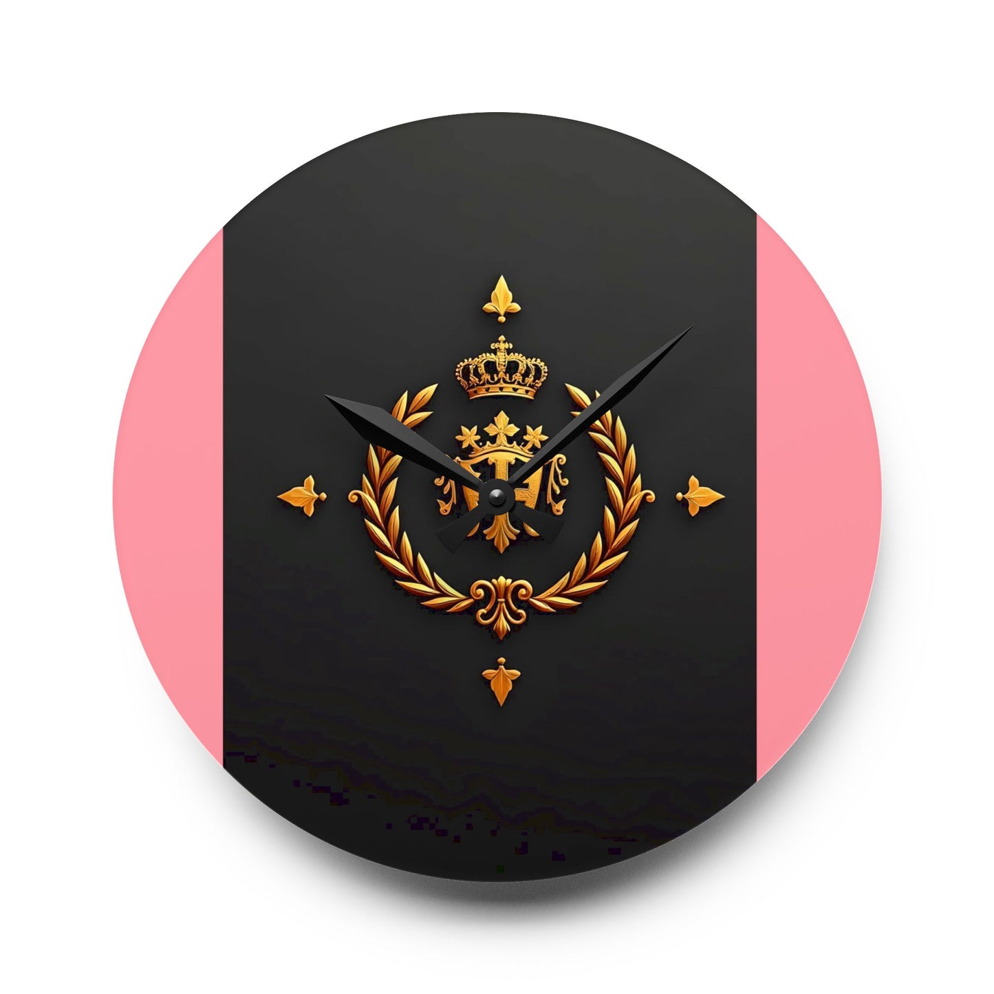 Royal Emblem Acrylic Wall Clock | Elegant Home Decor, Modern Wall Art, Gift for Her, Office Decor, Unique Timepiece - Pink Striped Gold Crest